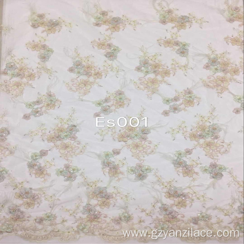 Beige handwork Beaded Embroidery Flower Fabric